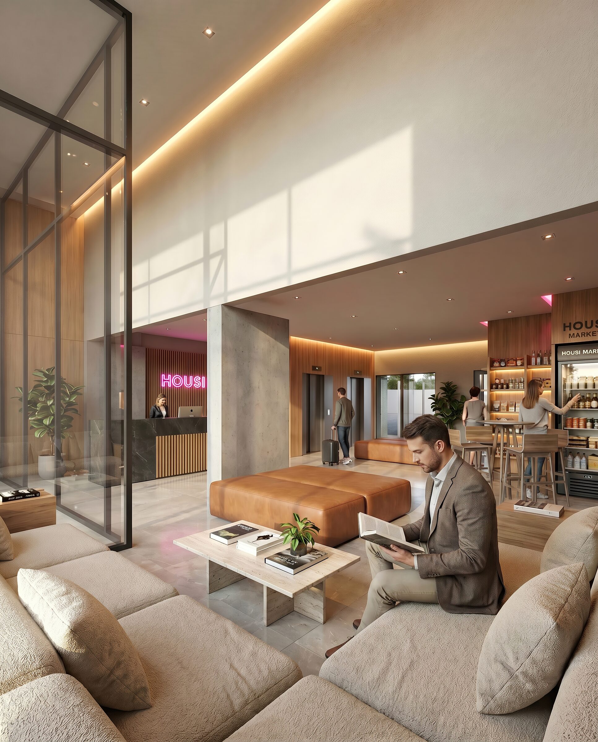 Lobby do Casa Bella Suites com área de convivência.