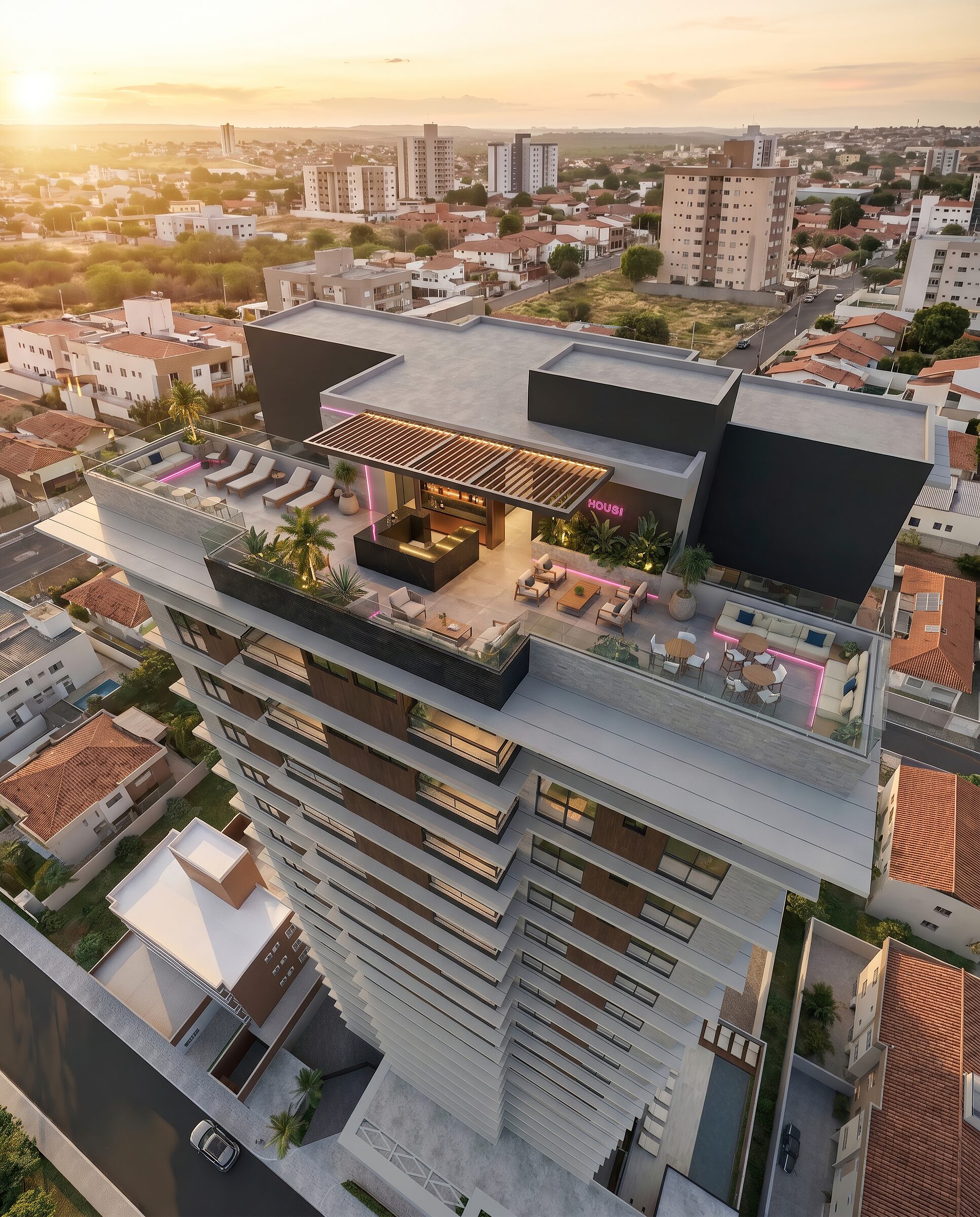 Rooftop do Casa Bella Suites com vista panorâmica.